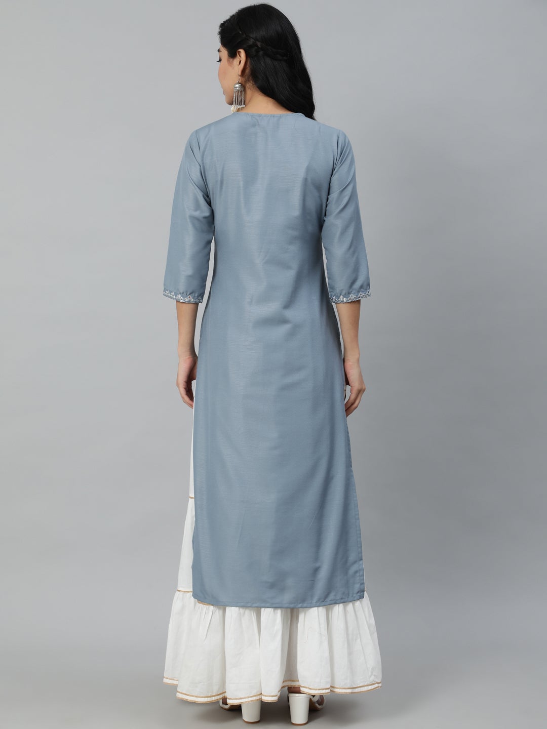 Women Grey Mirror Work Embroidered Straight Kurta With Three Quarter Sleeves | NOZ2TOZ - Made In INDIA.