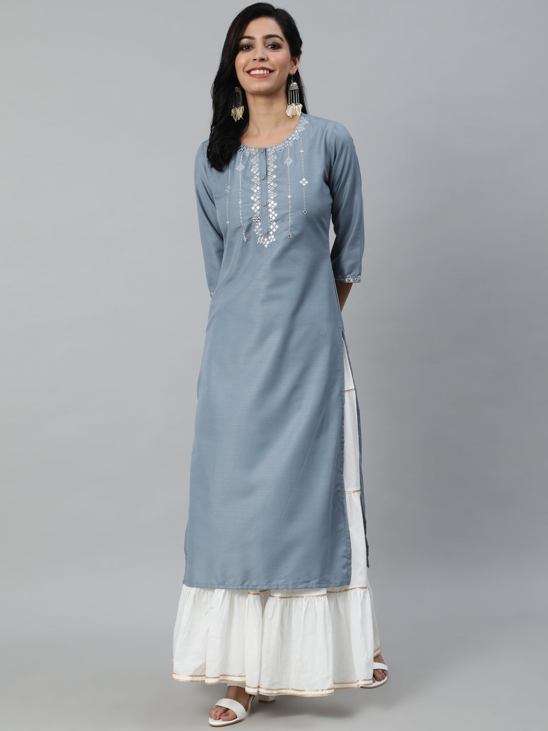 Women Grey Mirror Work Embroidered Straight Kurta With Three Quarter Sleeves | NOZ2TOZ - Made In INDIA.