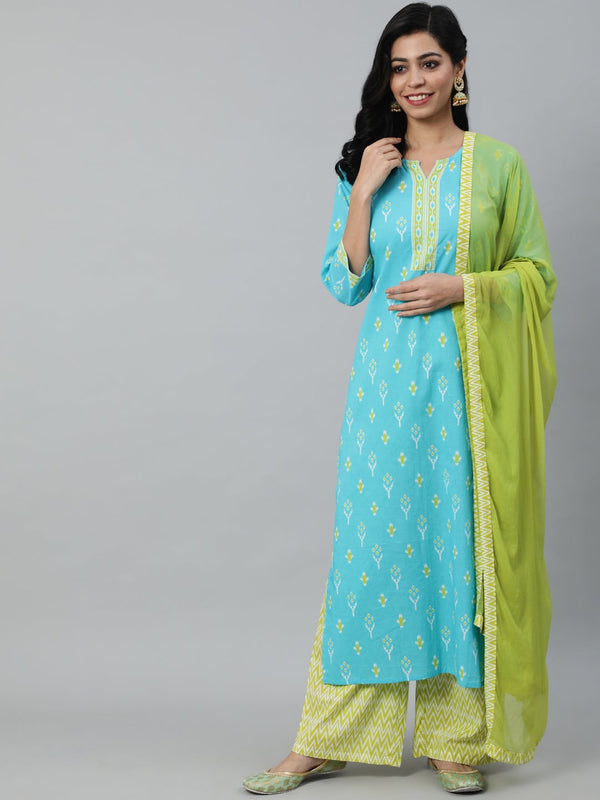 Women Blue & Green Printed Straight Kurta With Plazo & Chiffon Dupatta | NOZ2TOZ - Made In INDIA.