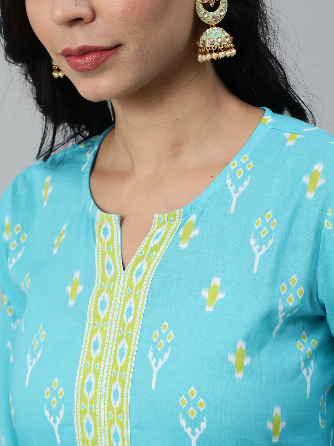 Women Blue & Green Printed Straight Kurta With Plazo & Chiffon Dupatta | NOZ2TOZ - Made In INDIA.