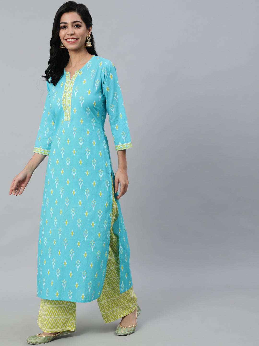 Women Blue & Green Printed Straight Kurta With Plazo & Chiffon Dupatta | NOZ2TOZ - Made In INDIA.