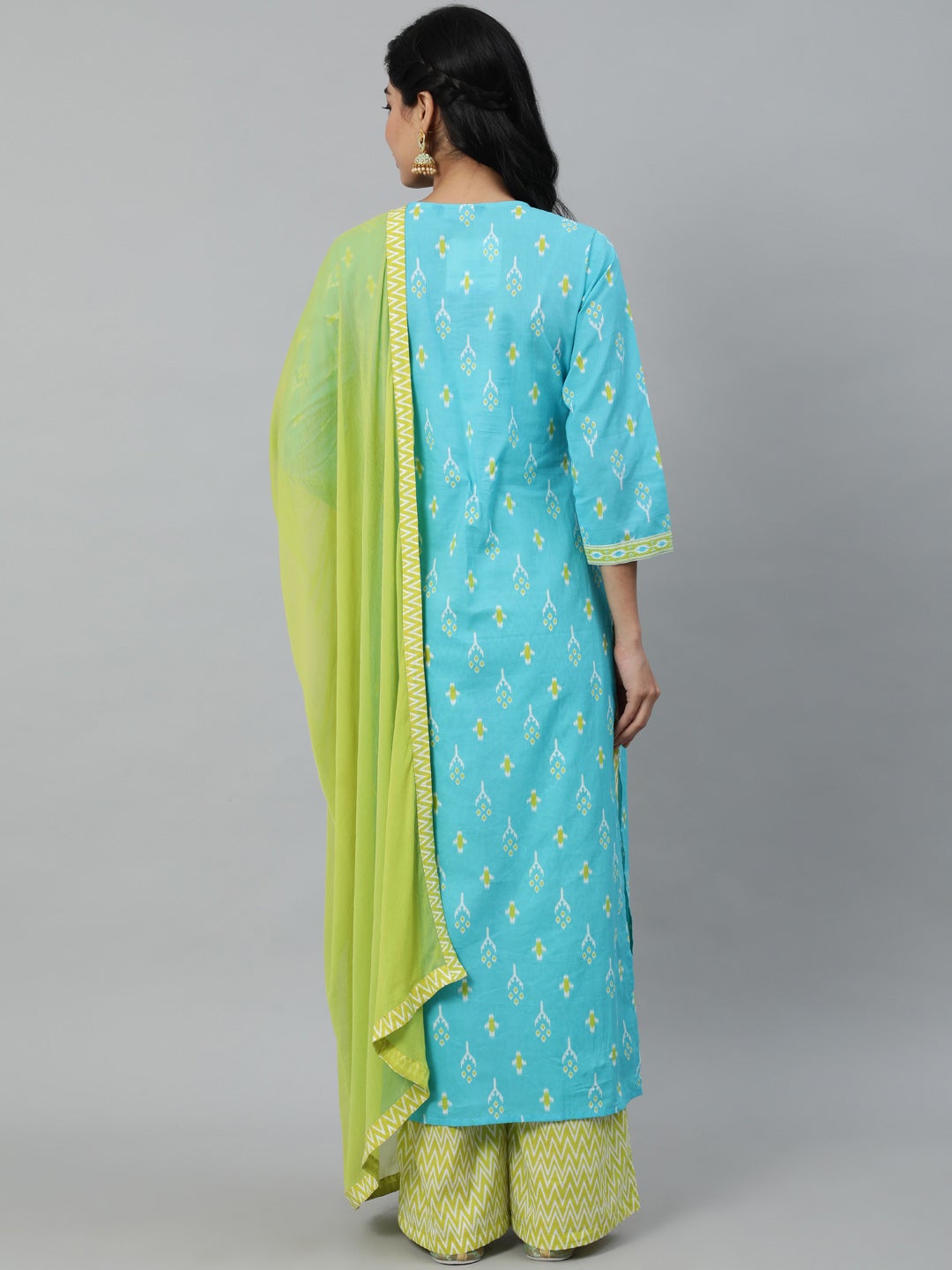 Women Blue & Green Printed Straight Kurta With Plazo & Chiffon Dupatta | NOZ2TOZ - Made In INDIA.