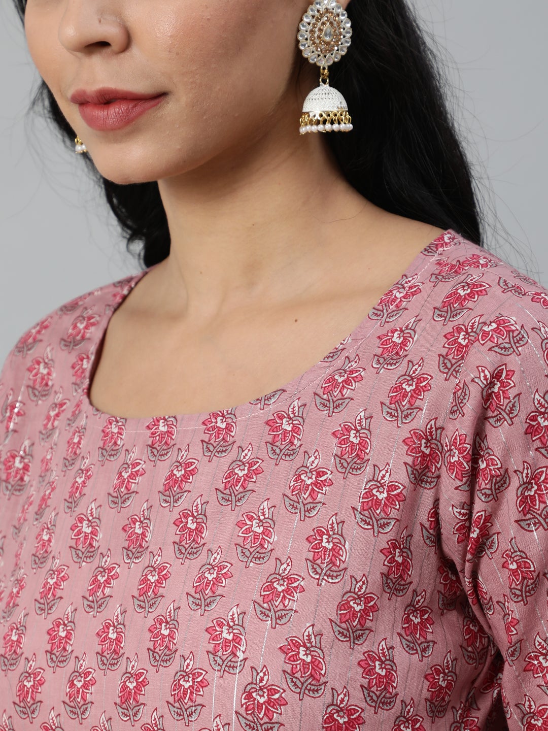 Women Pink Floral Printed Pure Cotton Kurta & Plazzos with Dupatta | NOZ2TOZ - Made In INDIA.