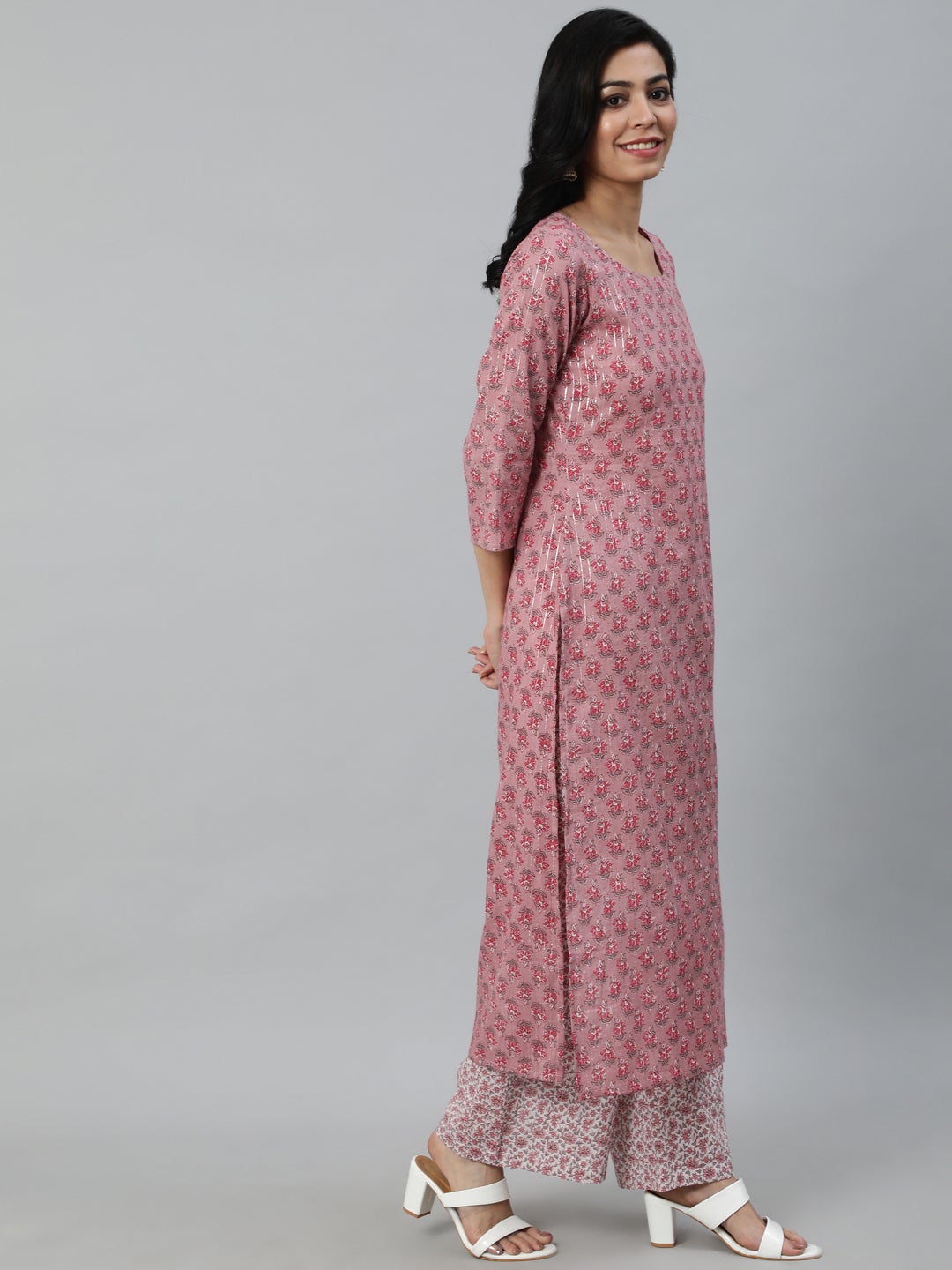 Women Pink Floral Printed Pure Cotton Kurta & Plazzos with Dupatta | NOZ2TOZ - Made In INDIA.