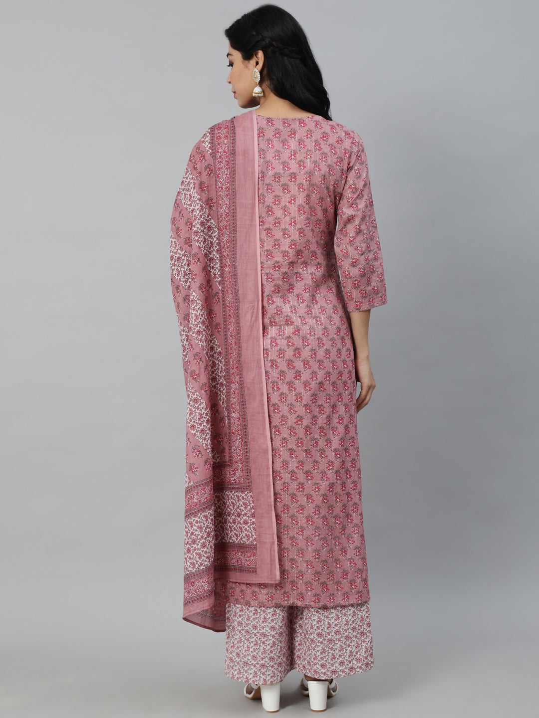 Women Pink Floral Printed Pure Cotton Kurta & Plazzos with Dupatta | NOZ2TOZ - Made In INDIA.