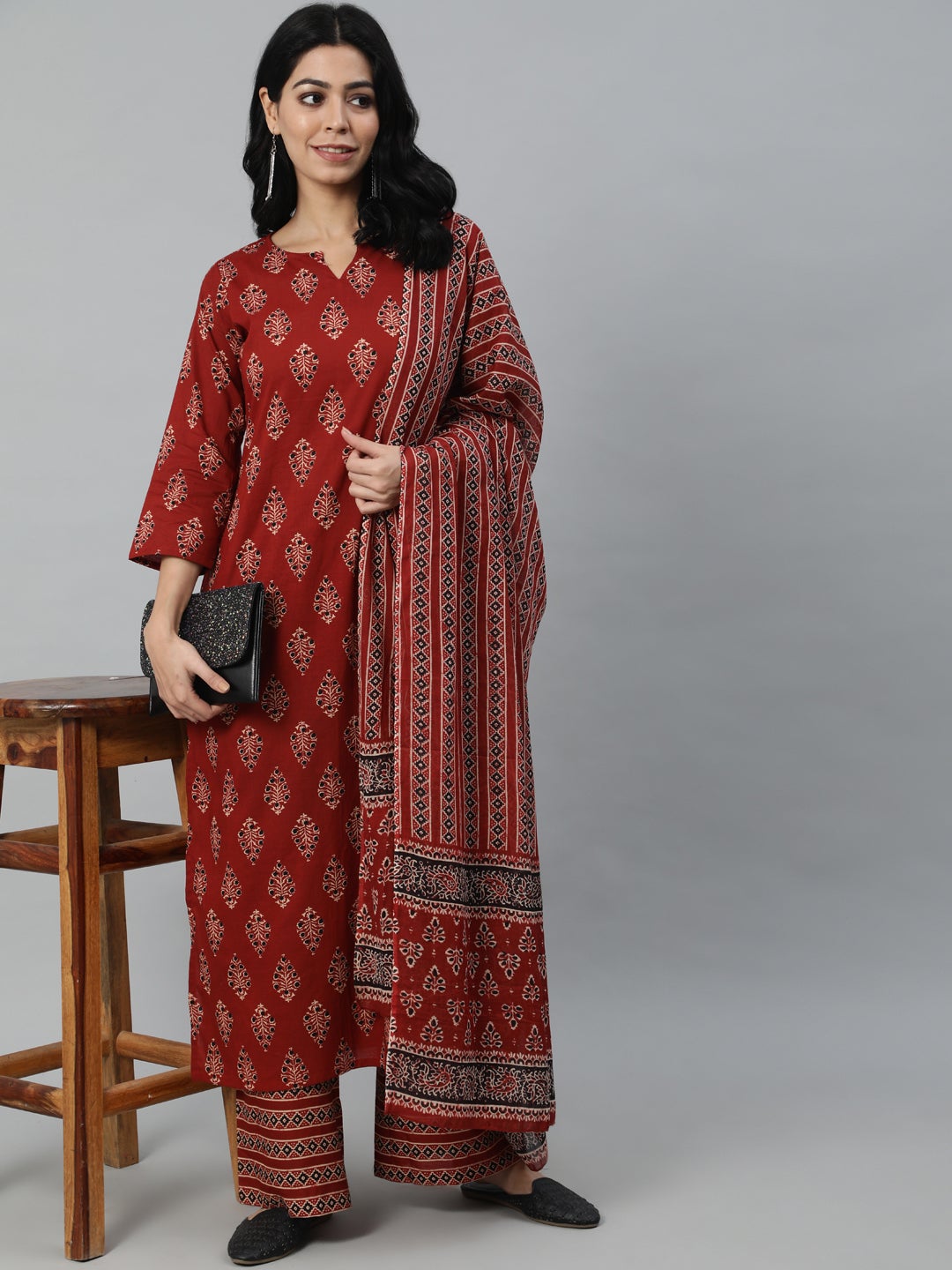 Women Maroon Printed Straight Kurta With Plazo & Dupatta | NOZ2TOZ - Made In INDIA.