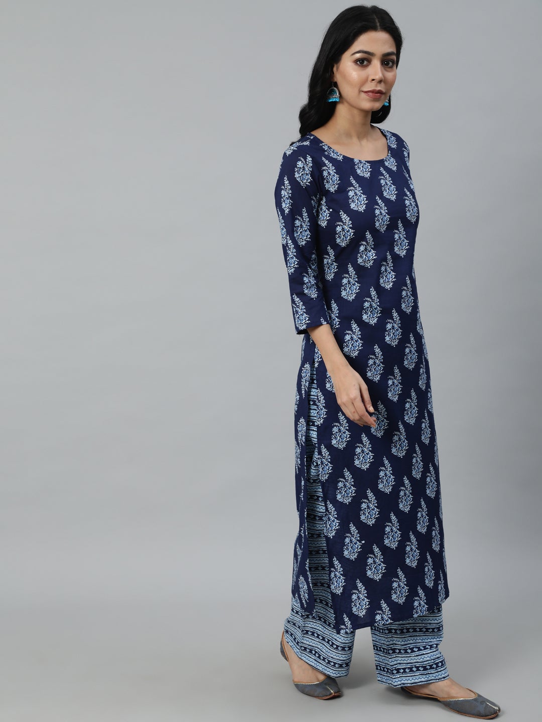 Women Navy Blue Printed Straight Kurta With Plazo & Dupatta | NOZ2TOZ - Made In INDIA.