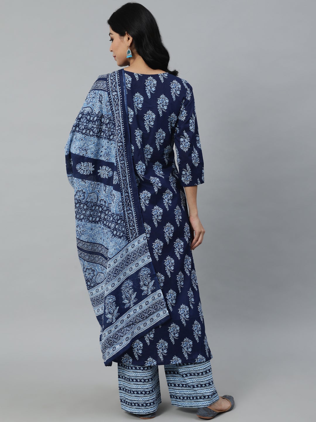 Women Navy Blue Printed Straight Kurta With Plazo & Dupatta | NOZ2TOZ - Made In INDIA.