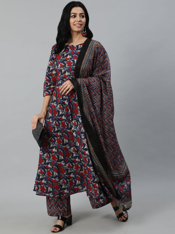 Women Multi Floral Printed Flared Kurta with Palazzo Dupatta | NOZ2TOZ - Made In INDIA.