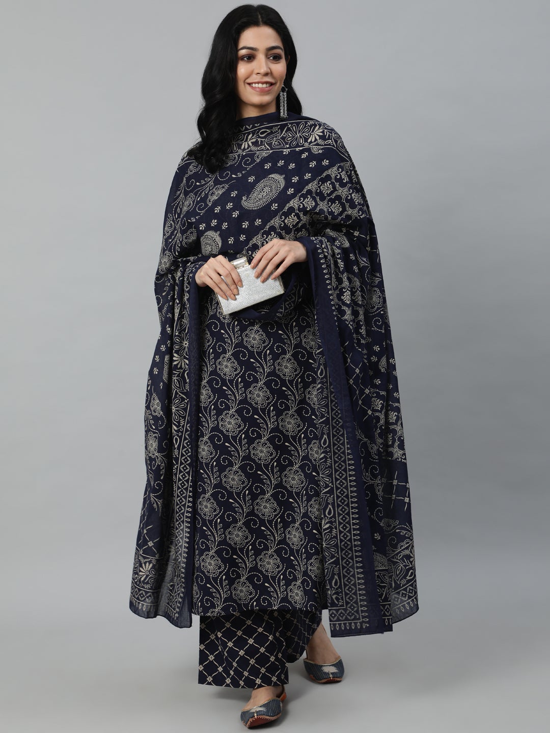 Women Navy Blue Printed Kurta With Plazzo & Dupatta | NOZ2TOZ - Made In INDIA.