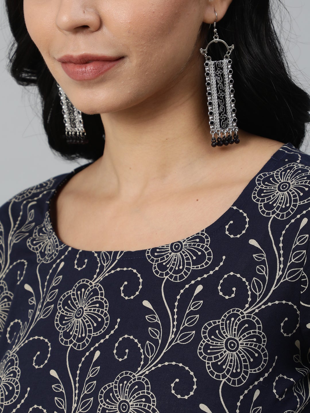 Women Navy Blue Printed Kurta With Plazzo & Dupatta | NOZ2TOZ - Made In INDIA.