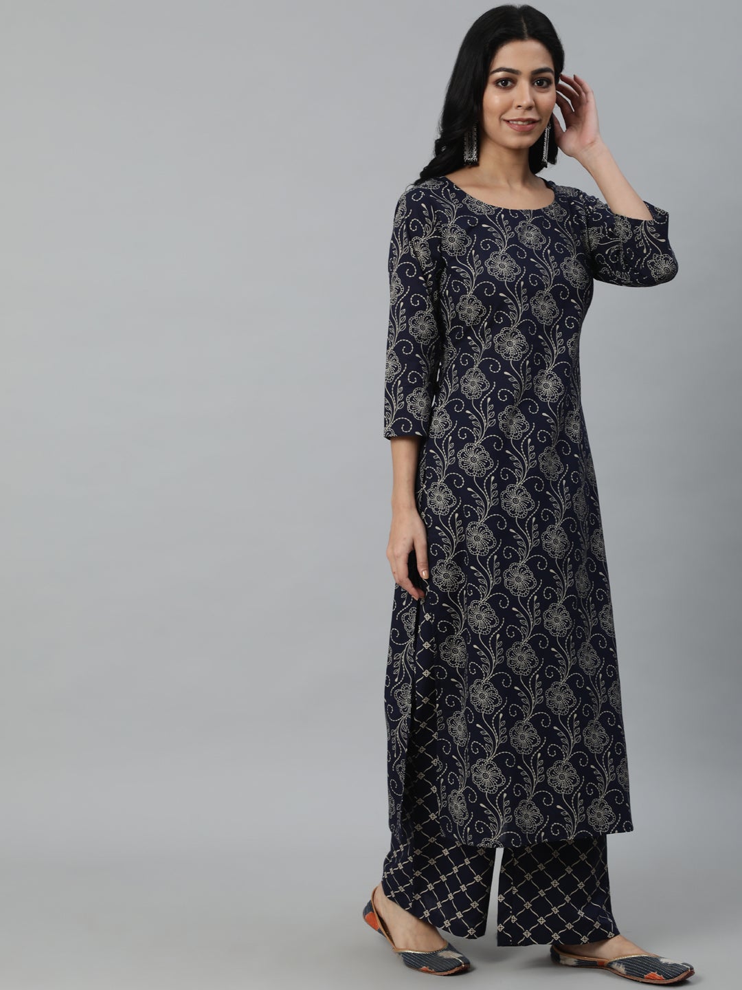 Women Navy Blue Printed Kurta With Plazzo & Dupatta | NOZ2TOZ - Made In INDIA.