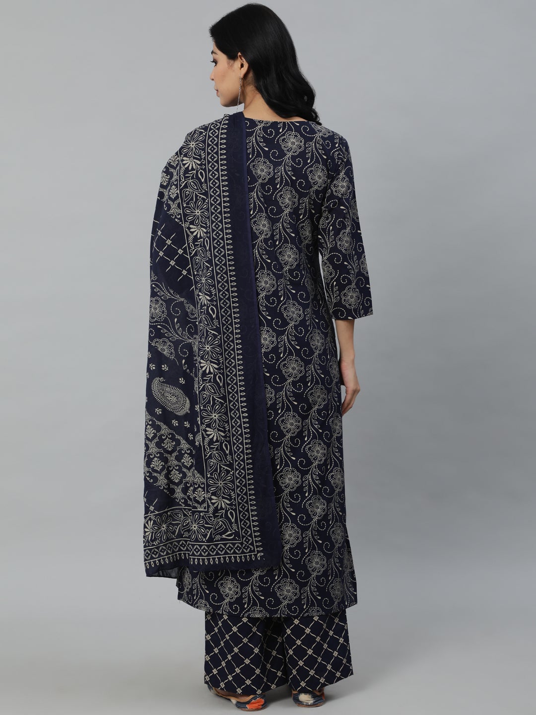 Women Navy Blue Printed Kurta With Plazzo & Dupatta | NOZ2TOZ - Made In INDIA.