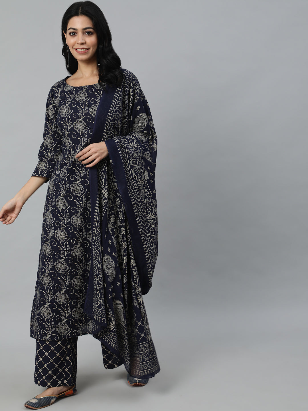 Women Navy Blue Printed Kurta With Plazzo & Dupatta | NOZ2TOZ - Made In INDIA.