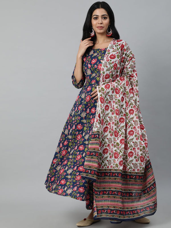 Women  Blue Printed Flared Kurta With Trouser & Dupatta | NOZ2TOZ - Made In INDIA.