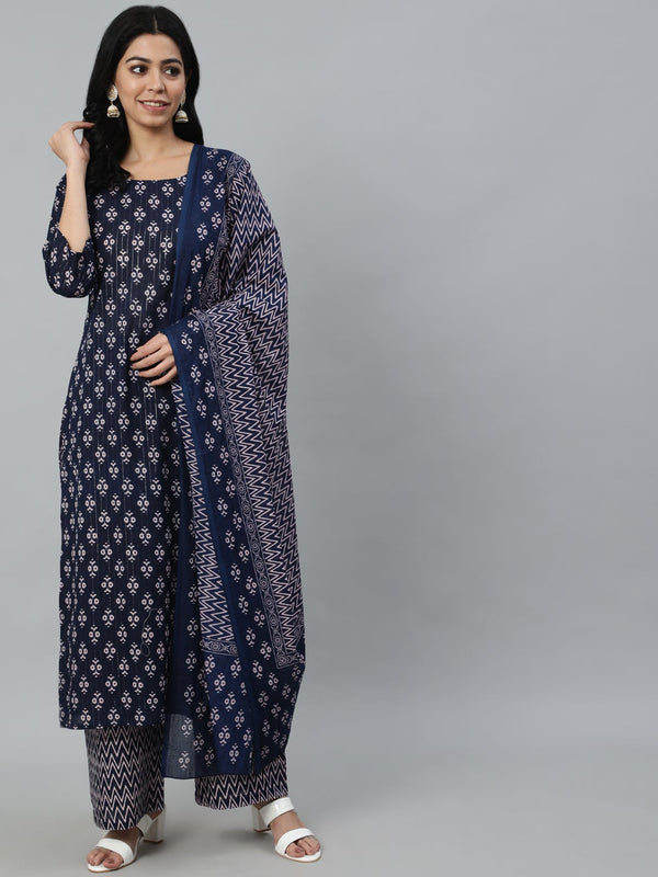 Women Navy Blue Ethnic Motifs Printed Pure Cotton Kurta With Trouser And Dupatta | NOZ2TOZ - Made In INDIA.