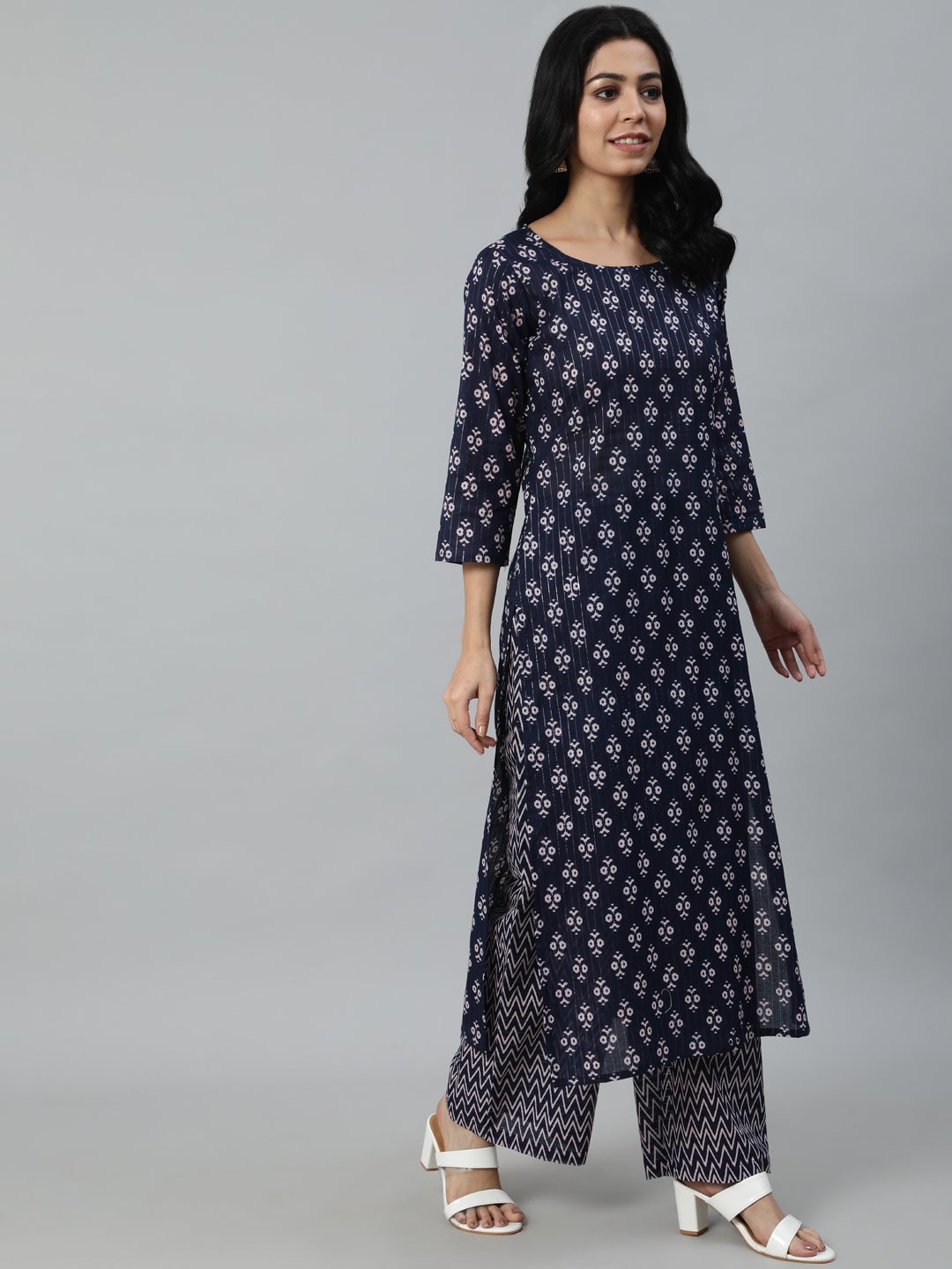 Women Navy Blue Ethnic Motifs Printed Pure Cotton Kurta With Trouser And Dupatta | NOZ2TOZ - Made In INDIA.