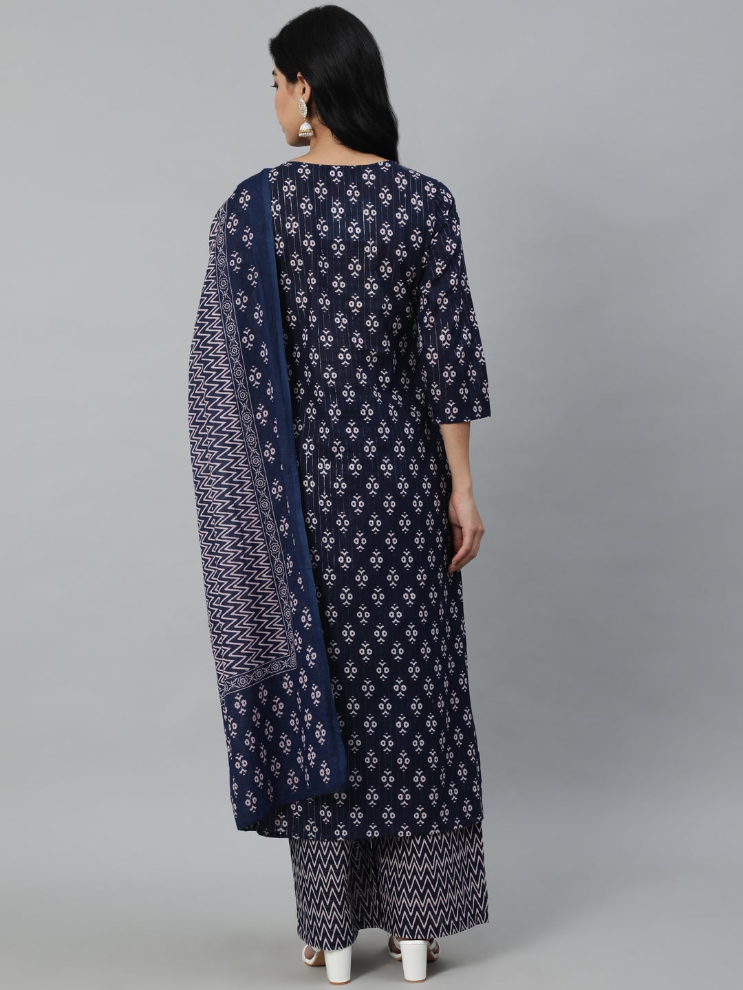 Women Navy Blue Ethnic Motifs Printed Pure Cotton Kurta With Trouser And Dupatta | NOZ2TOZ - Made In INDIA.