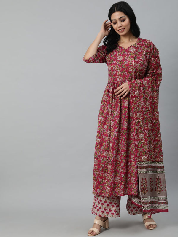 Women Burgundy Printed Flared Kurta With Trouser & Dupatta | NOZ2TOZ - Made In INDIA.