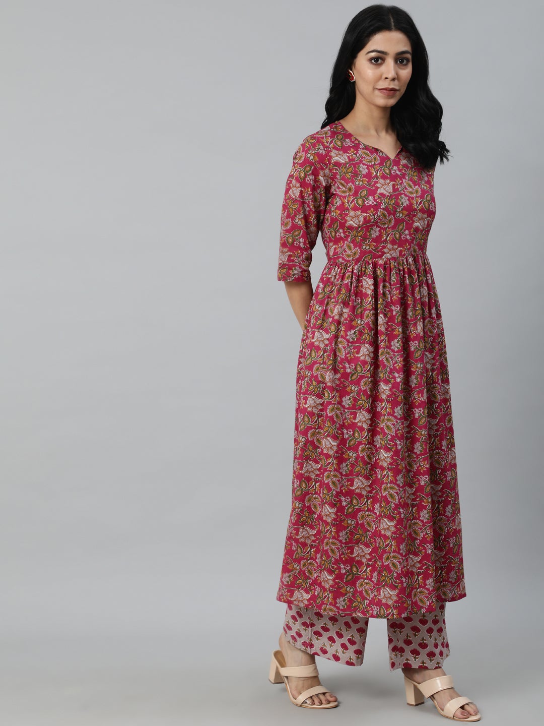 Women Burgundy Printed Flared Kurta With Trouser & Dupatta | NOZ2TOZ - Made In INDIA.