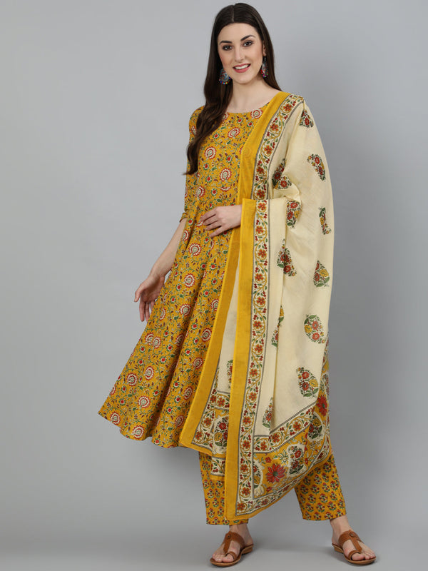 Women Mustard Printed Flared Kurta With Trouser & Dupatta | NOZ2TOZ - Made In INDIA.