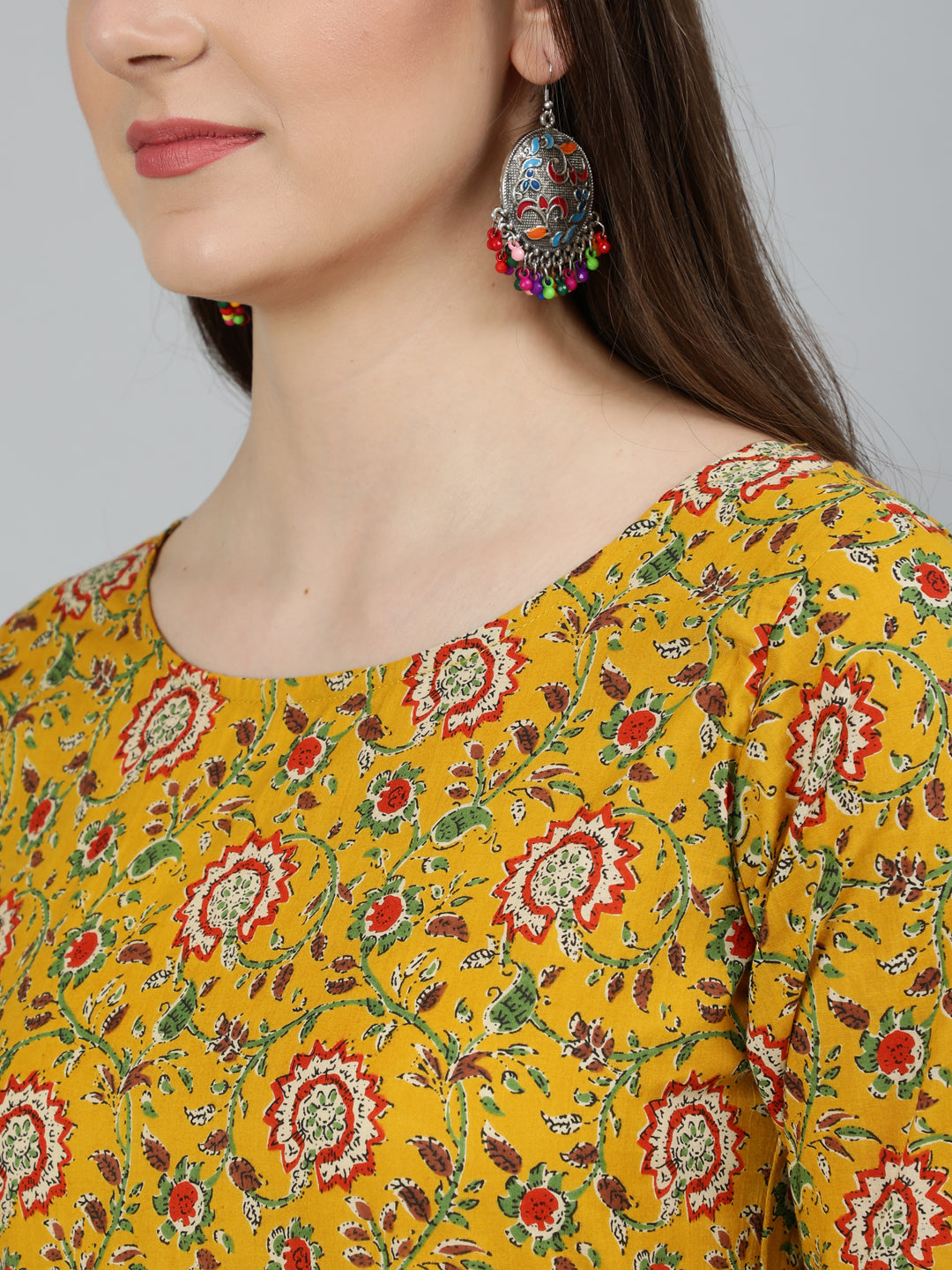 Women Mustard Printed Flared Kurta With Trouser & Dupatta | NOZ2TOZ - Made In INDIA.