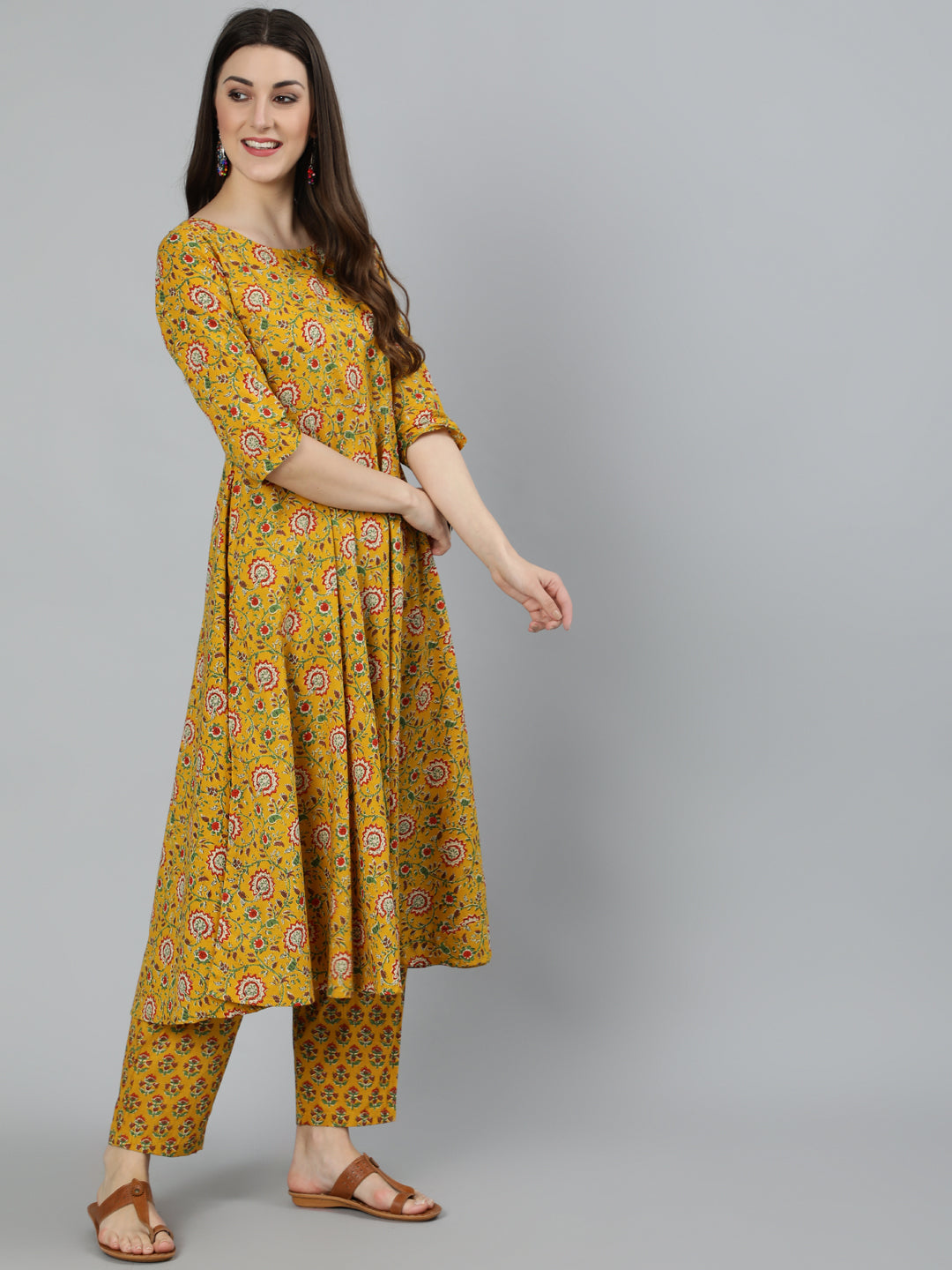 Women Mustard Printed Flared Kurta With Trouser & Dupatta | NOZ2TOZ - Made In INDIA.