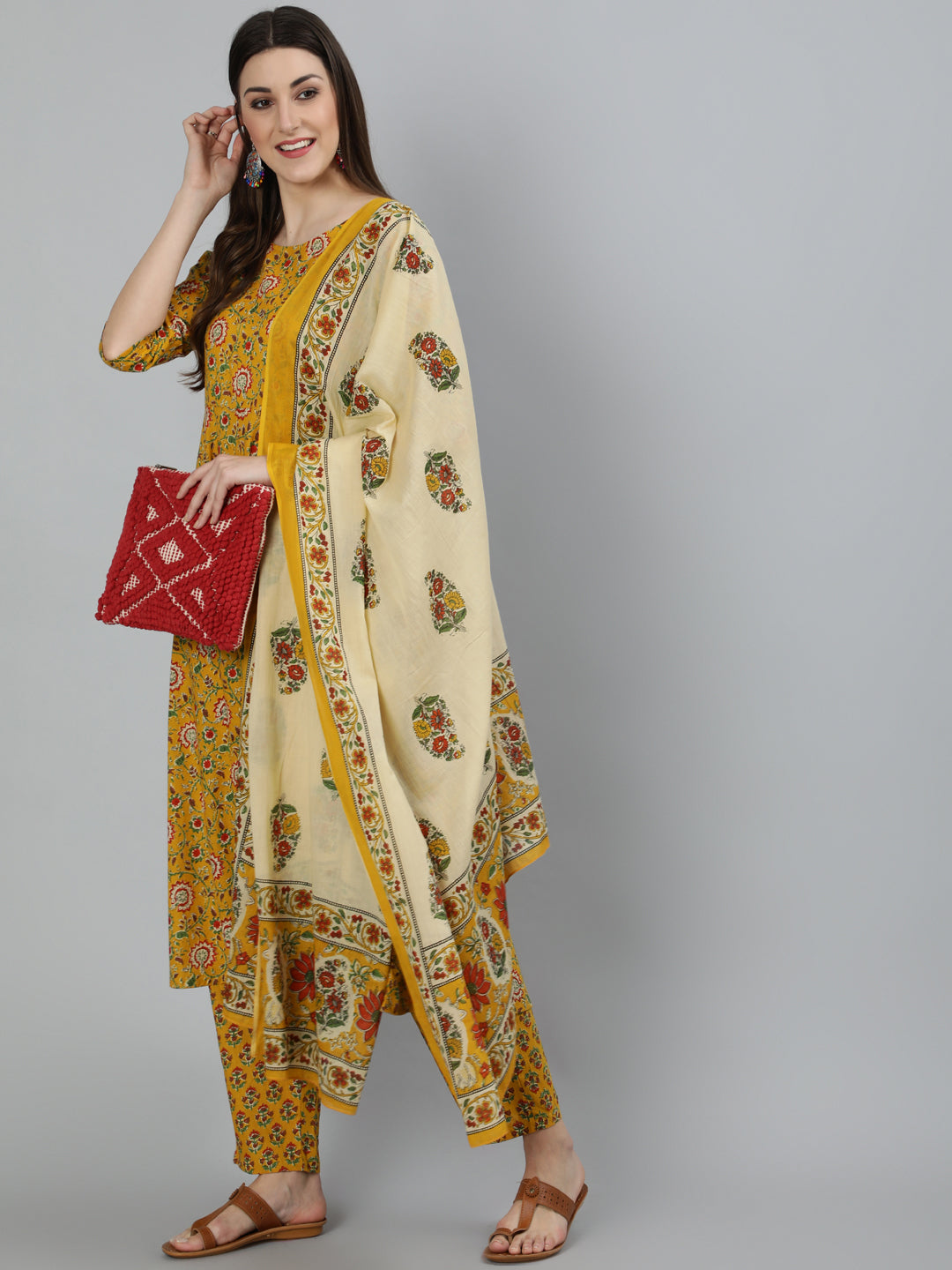 Women Mustard Printed Flared Kurta With Trouser & Dupatta | NOZ2TOZ - Made In INDIA.