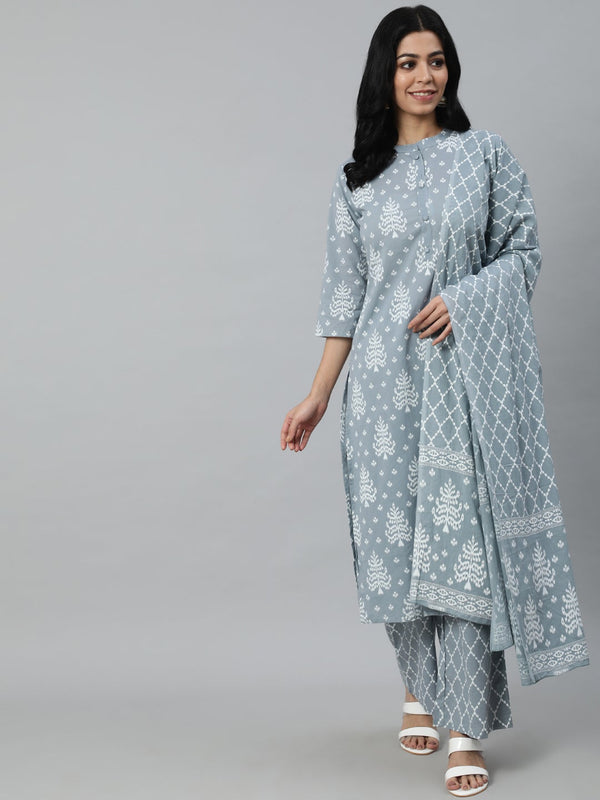 Women Grey Paisley Printed Panelled Pure Cotton Kurta With Trouser & Dupatta | NOZ2TOZ - Made In INDIA.