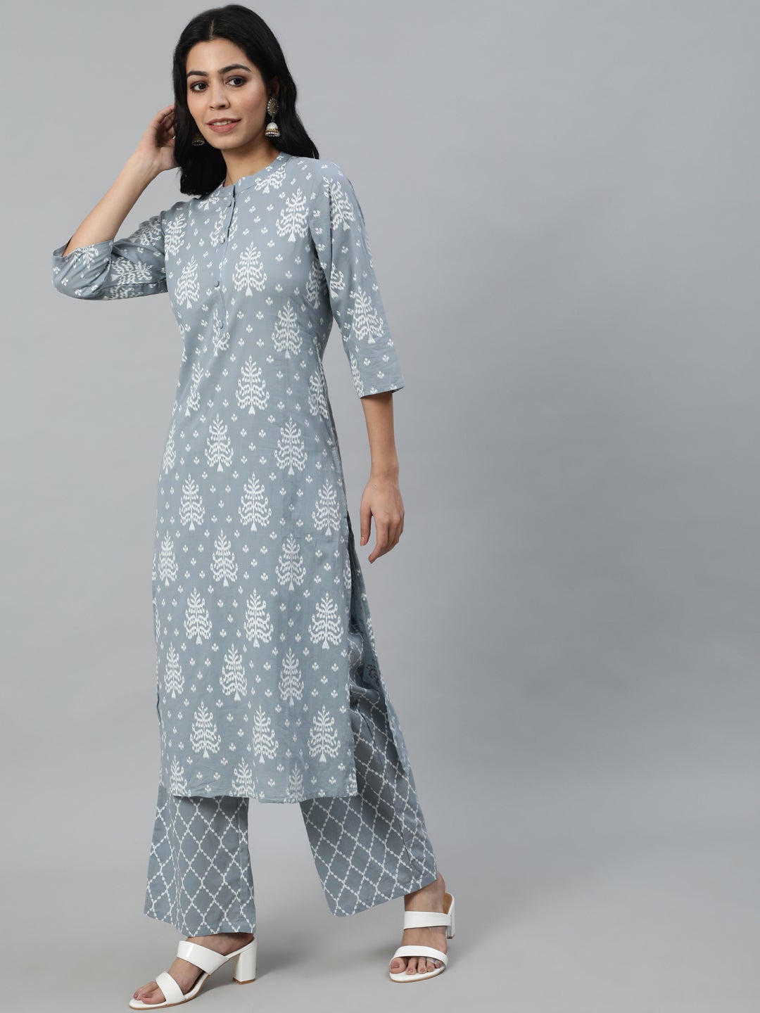 Women Grey Paisley Printed Panelled Pure Cotton Kurta With Trouser & Dupatta | NOZ2TOZ - Made In INDIA.