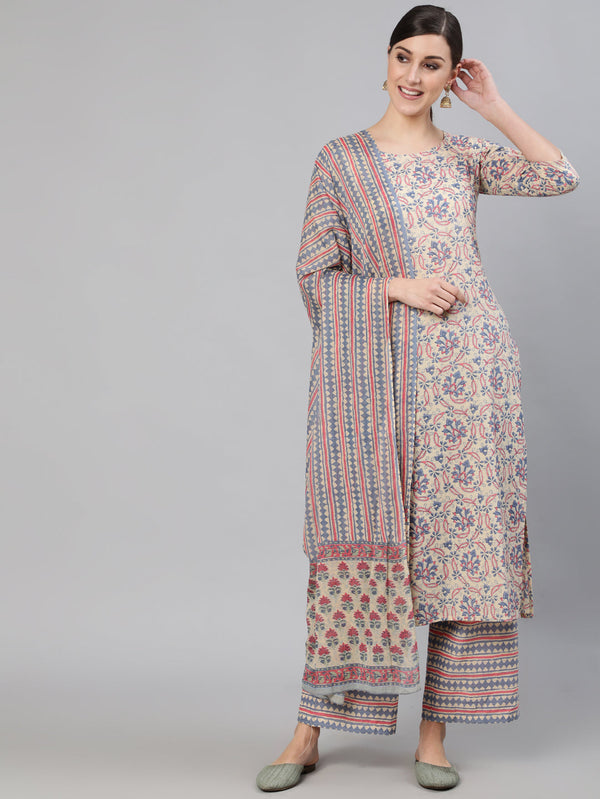 Women Cream Ethnic Prnited Kurta With Palazzo And Dupatta | NOZ2TOZ - Made In INDIA.