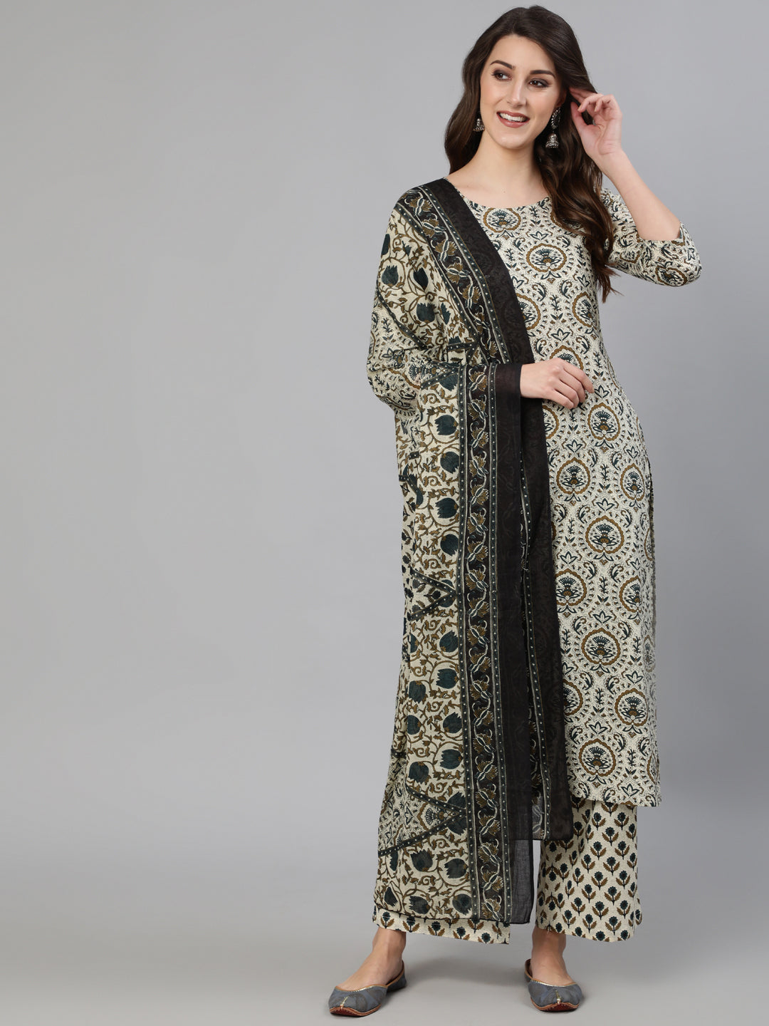 Women Off White Ethnic Motif Printed Kurta With Palzzo And Dupatta | NOZ2TOZ - Made In INDIA.