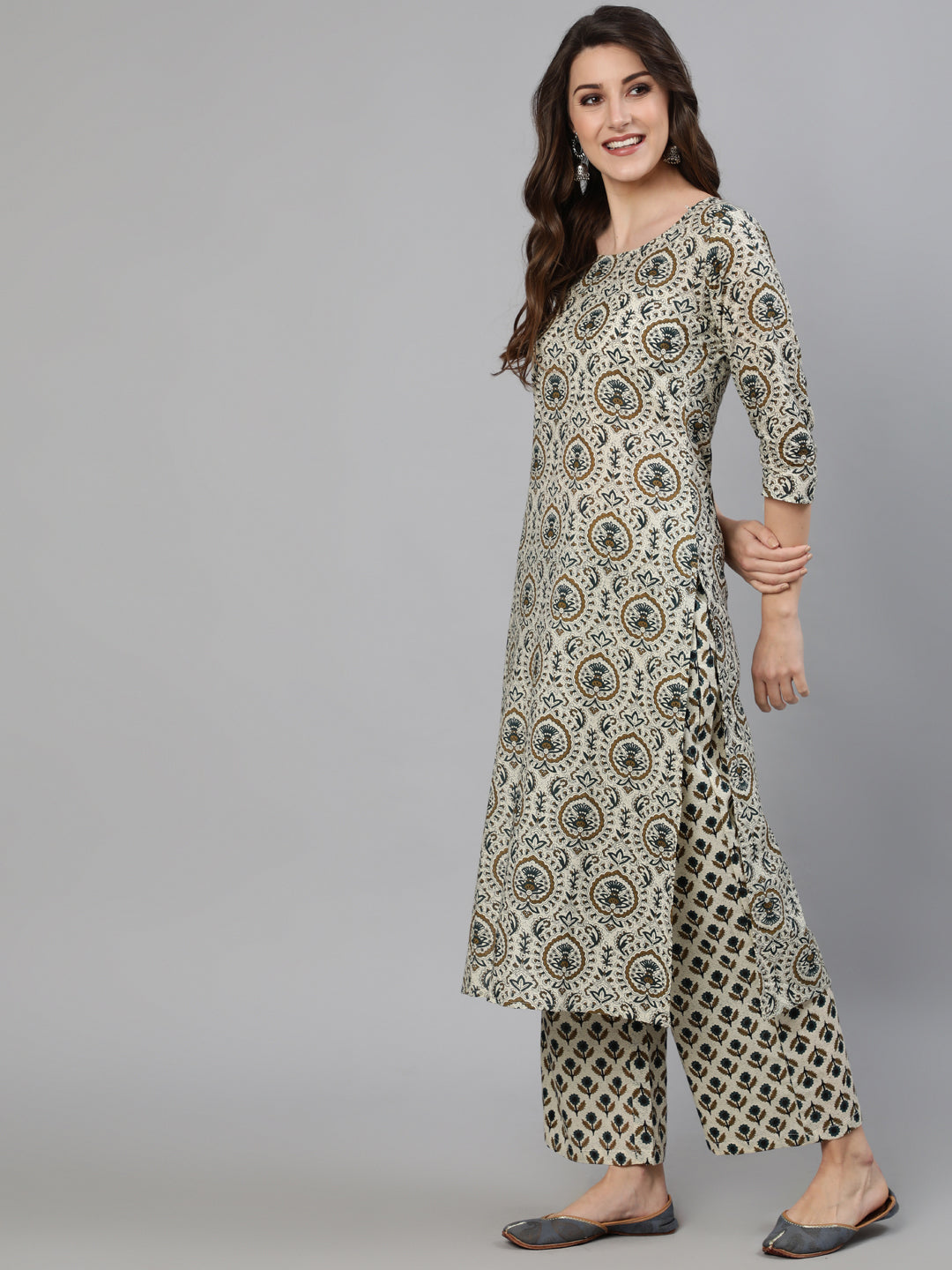 Women Off White Ethnic Motif Printed Kurta With Palzzo And Dupatta | NOZ2TOZ - Made In INDIA.