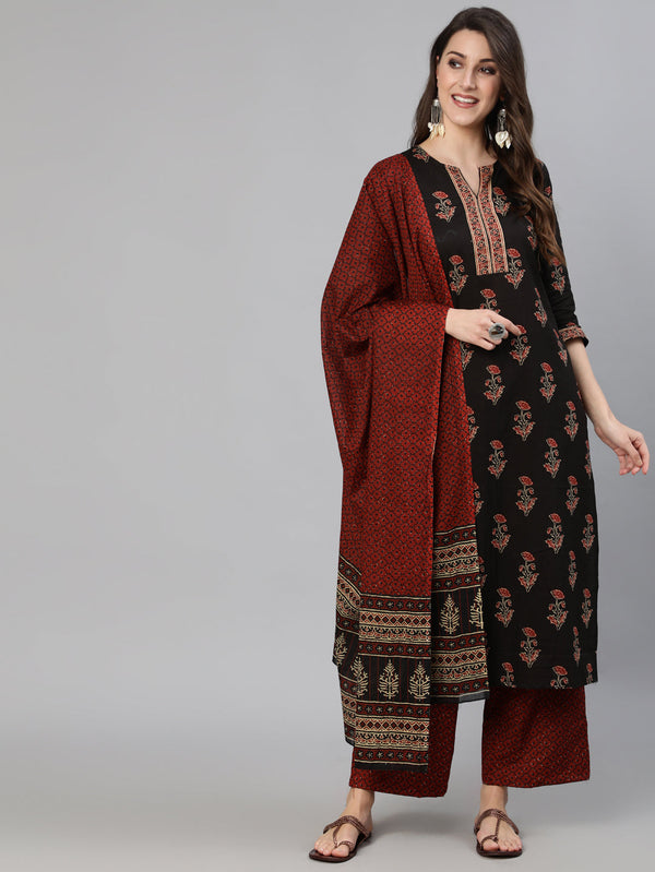 Women Black & Maroon Floral Printed Straight Kurta With Palzzo And Dupatta | NOZ2TOZ - Made In INDIA.