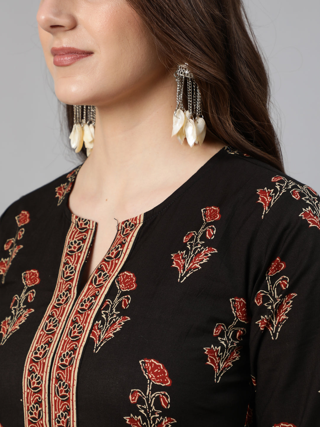 Women Black & Maroon Floral Printed Straight Kurta With Palzzo And Dupatta | NOZ2TOZ - Made In INDIA.