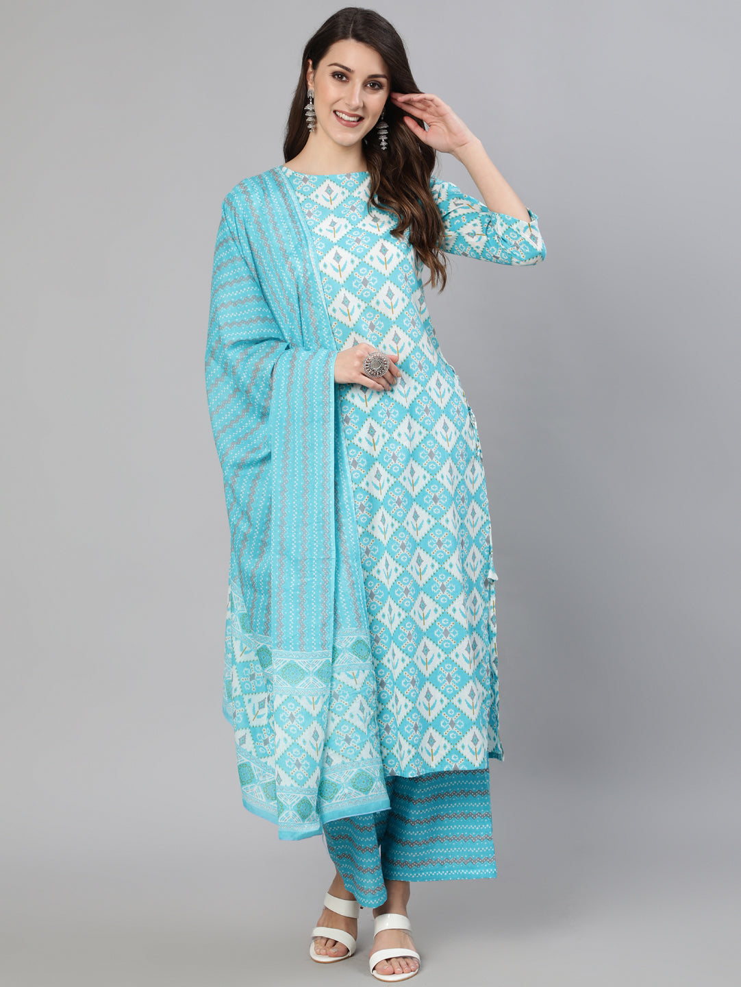 Women Blue & Off White Printed Kurta With Plazo & Dupatta | NOZ2TOZ - Made In INDIA.