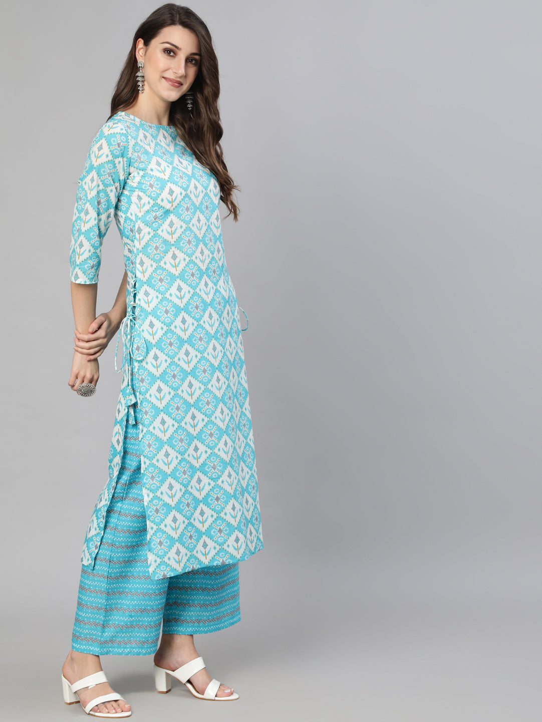 Women Blue & Off White Printed Kurta With Plazo & Dupatta | NOZ2TOZ - Made In INDIA.