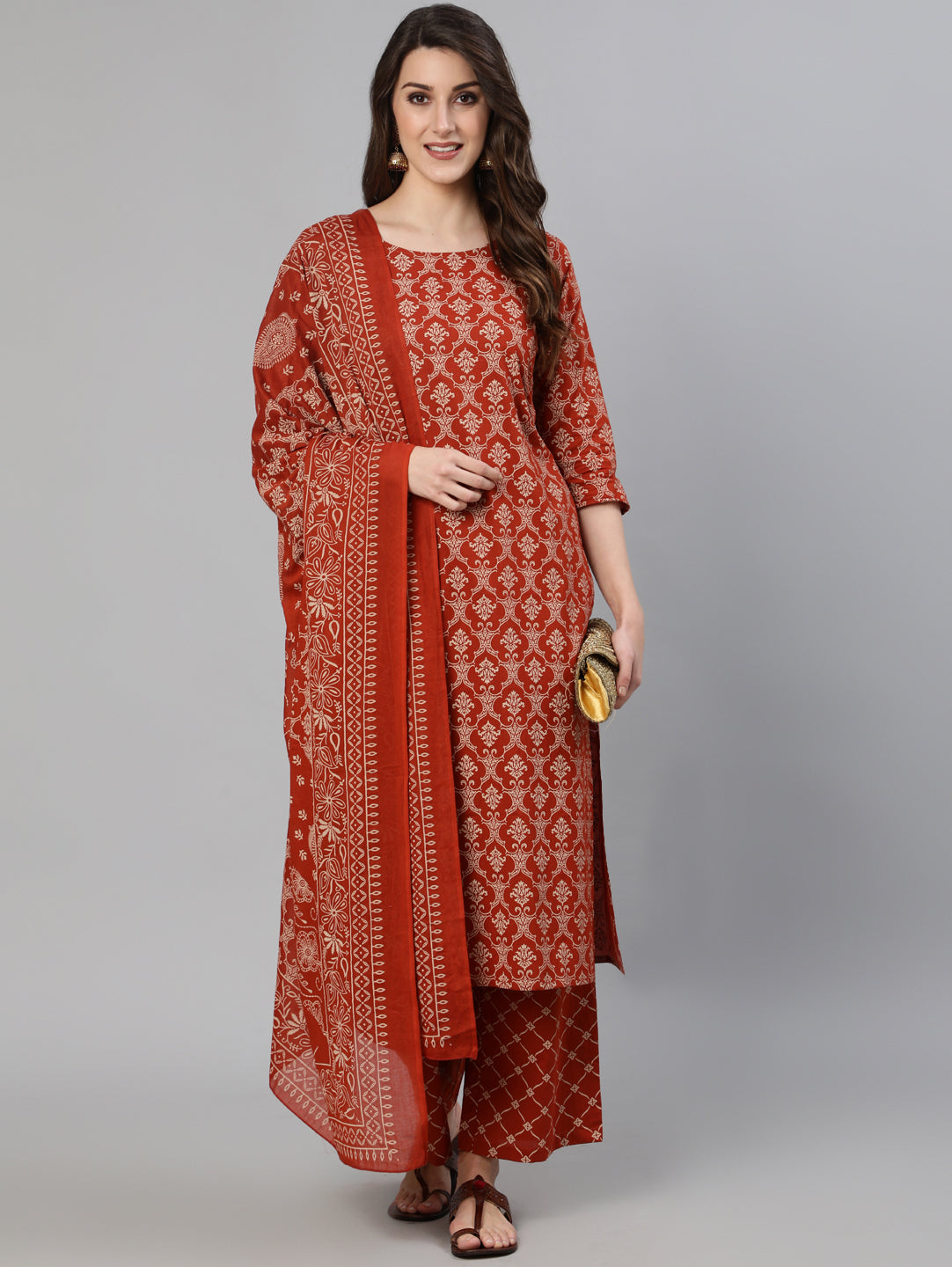 Women Rust Ethnic Printed Straight Kurta With Palazzo And Dupatta | NOZ2TOZ - Made In INDIA.