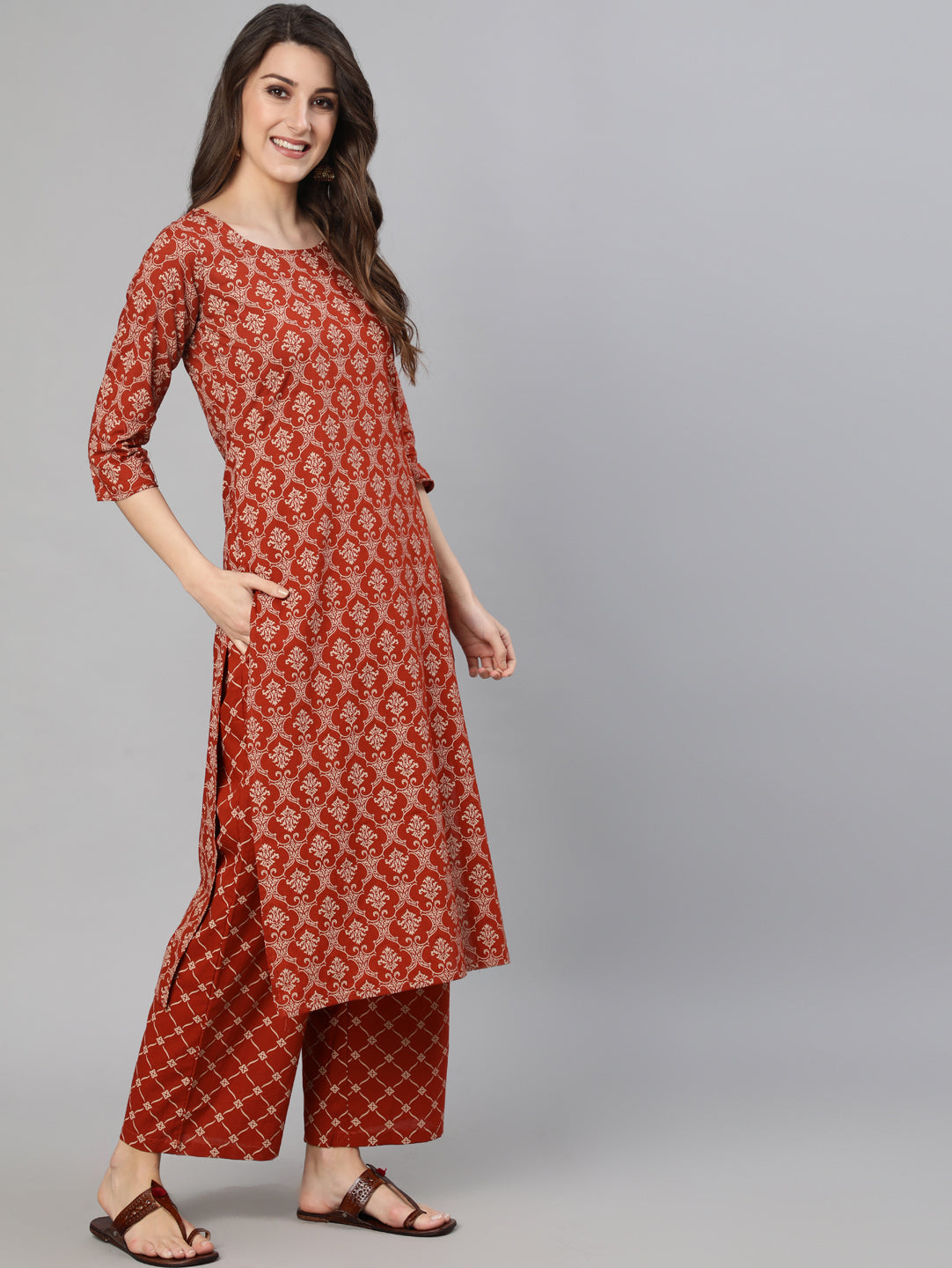 Women Rust Ethnic Printed Straight Kurta With Palazzo And Dupatta | NOZ2TOZ - Made In INDIA.