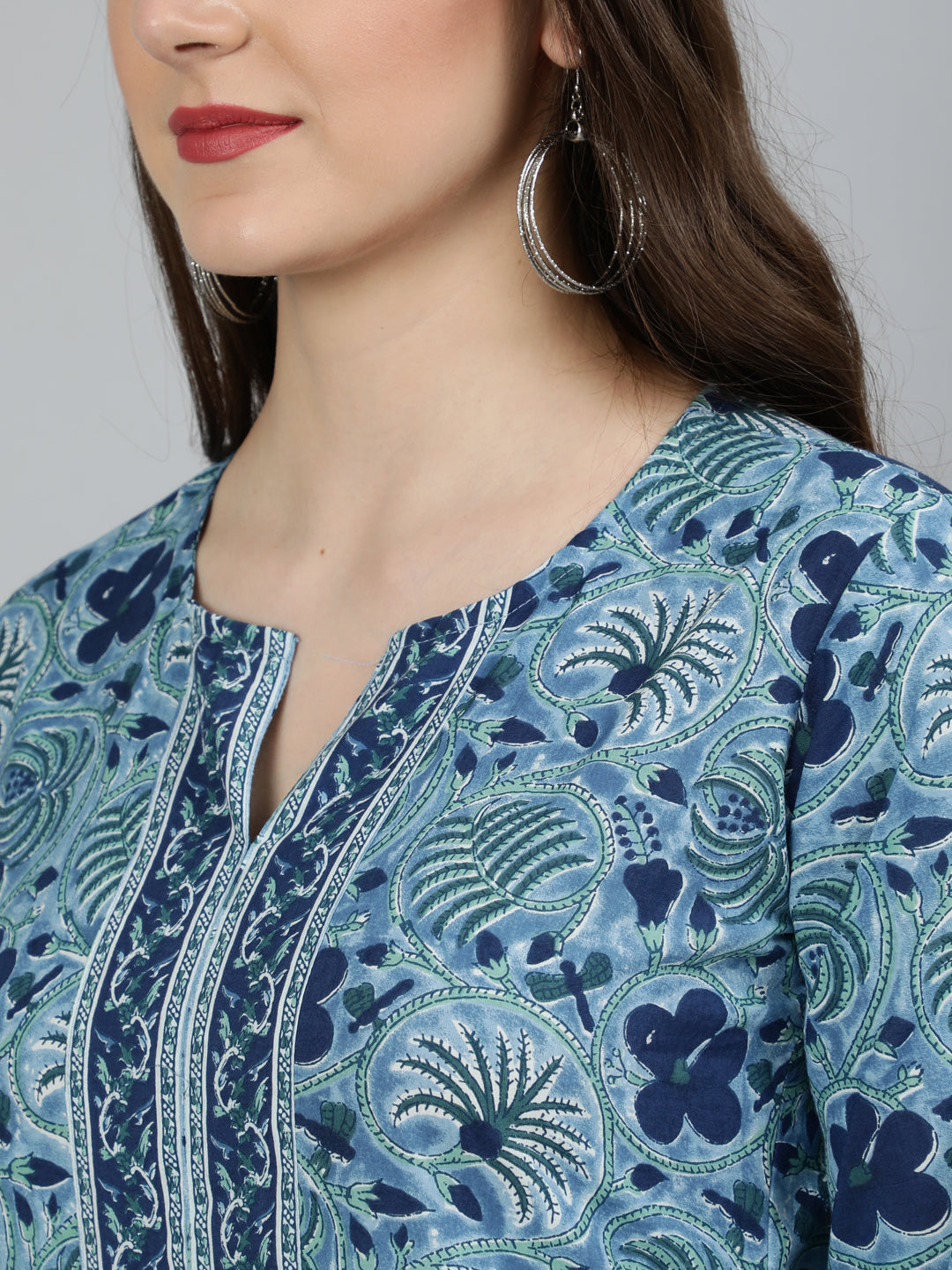 Women Blue Floral Printed Straight Kurta With Three Quarter sleeves | NOZ2TOZ - Made In INDIA.