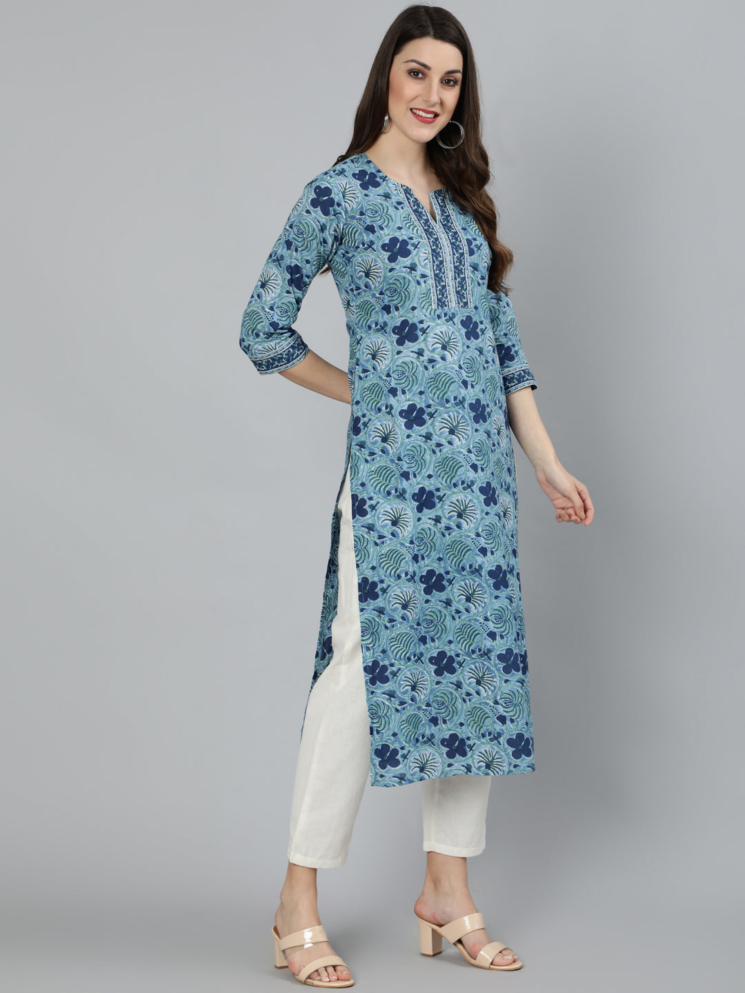 Women Blue Floral Printed Straight Kurta With Three Quarter sleeves | NOZ2TOZ - Made In INDIA.