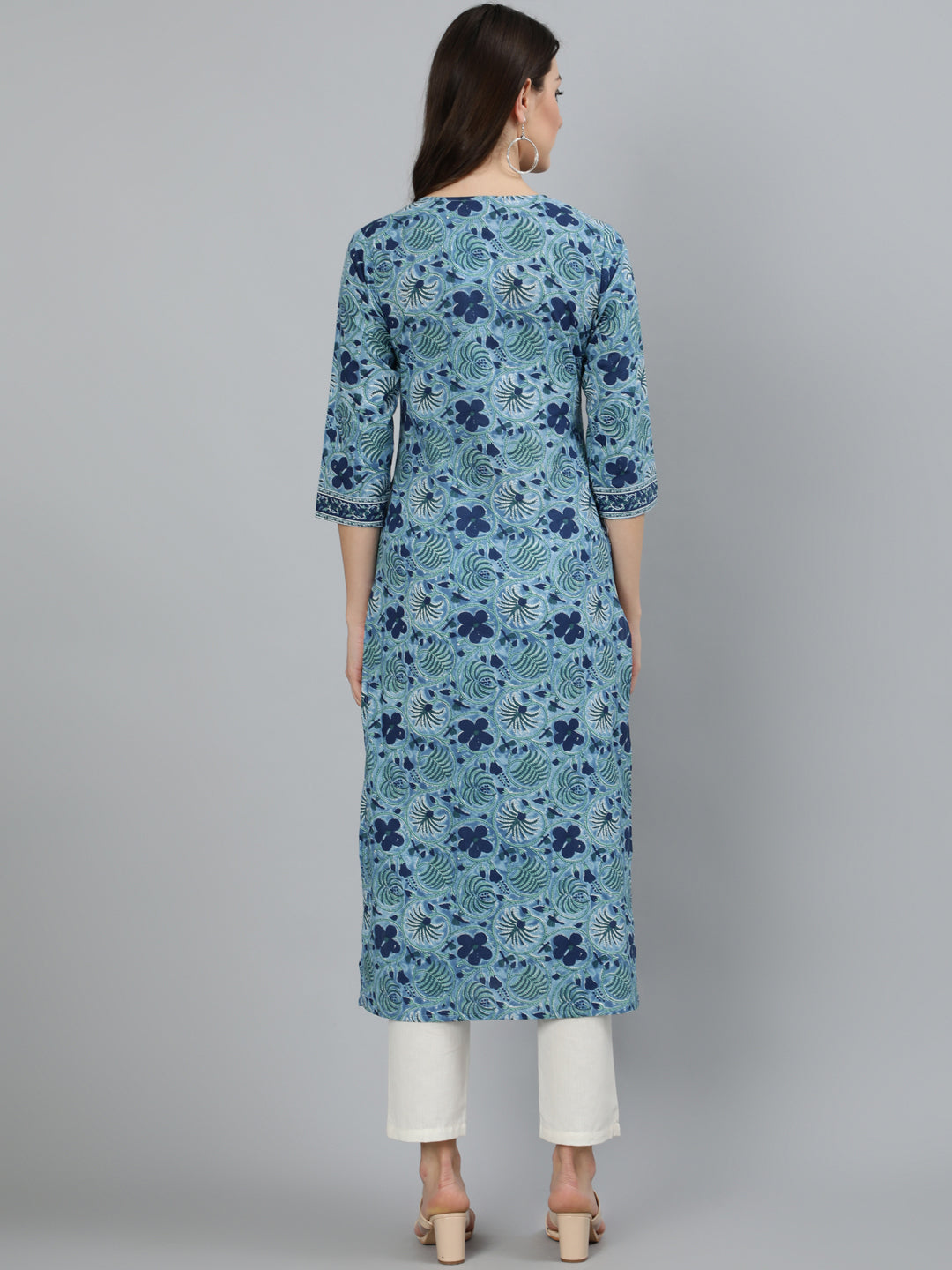 Women Blue Floral Printed Straight Kurta With Three Quarter sleeves | NOZ2TOZ - Made In INDIA.