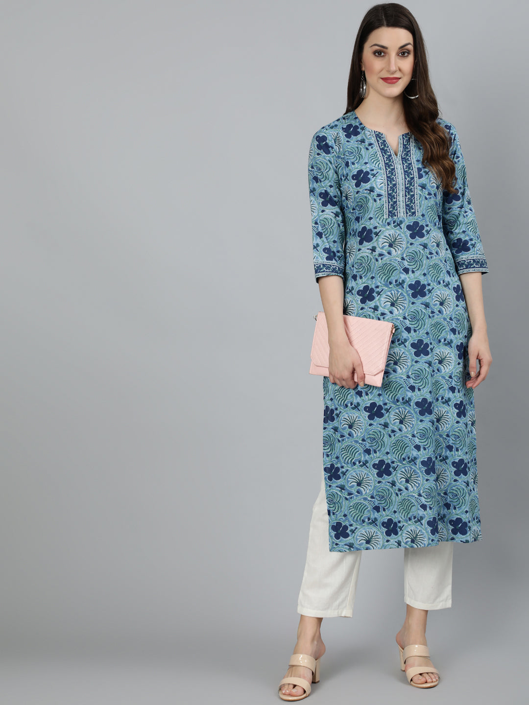 Women Blue Floral Printed Straight Kurta With Three Quarter sleeves | NOZ2TOZ - Made In INDIA.