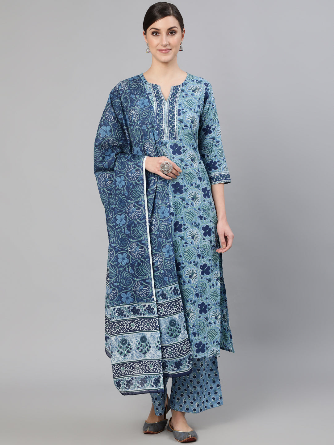 Women Blue Printed Straight Kurta With Plazo & Dupatta | NOZ2TOZ - Made In INDIA.