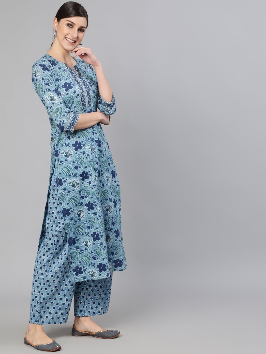 Women Blue Printed Straight Kurta With Plazo & Dupatta | NOZ2TOZ - Made In INDIA.