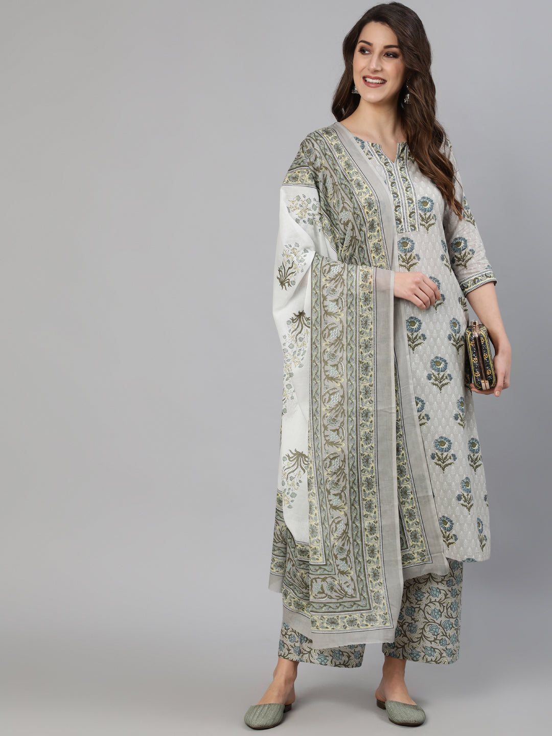 Women Grey Printed Kurta With Plazo & Dupatta | NOZ2TOZ - Made In INDIA.