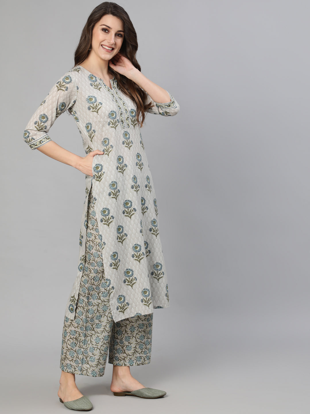 Women Grey Printed Kurta With Plazo & Dupatta | NOZ2TOZ - Made In INDIA.