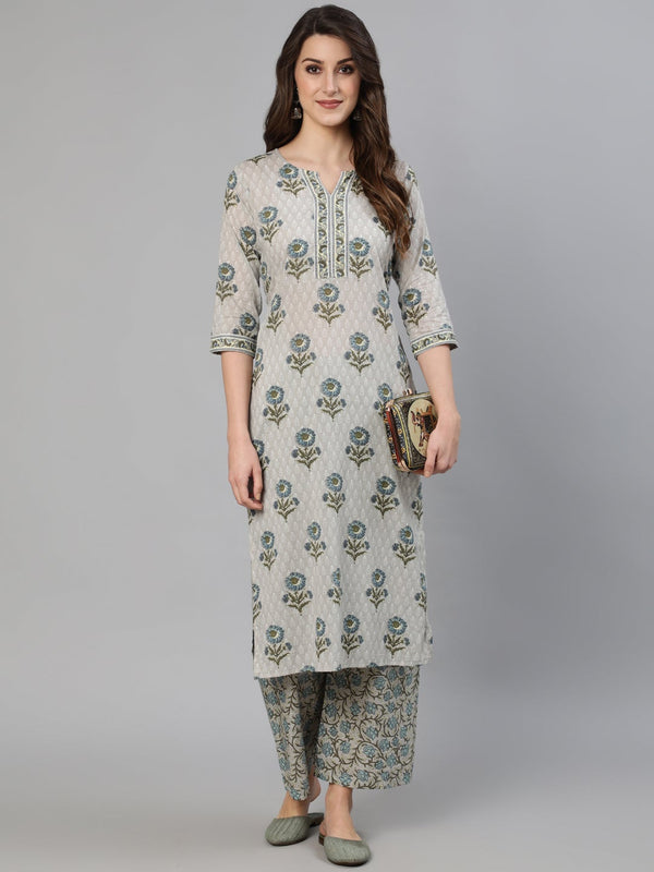 Women Grey Floral Printed  Straight Kurta With One Side Pocket | NOZ2TOZ - Made In INDIA.