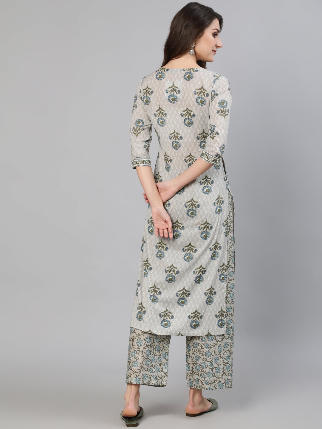 Women Grey Floral Printed  Straight Kurta With One Side Pocket | NOZ2TOZ - Made In INDIA.