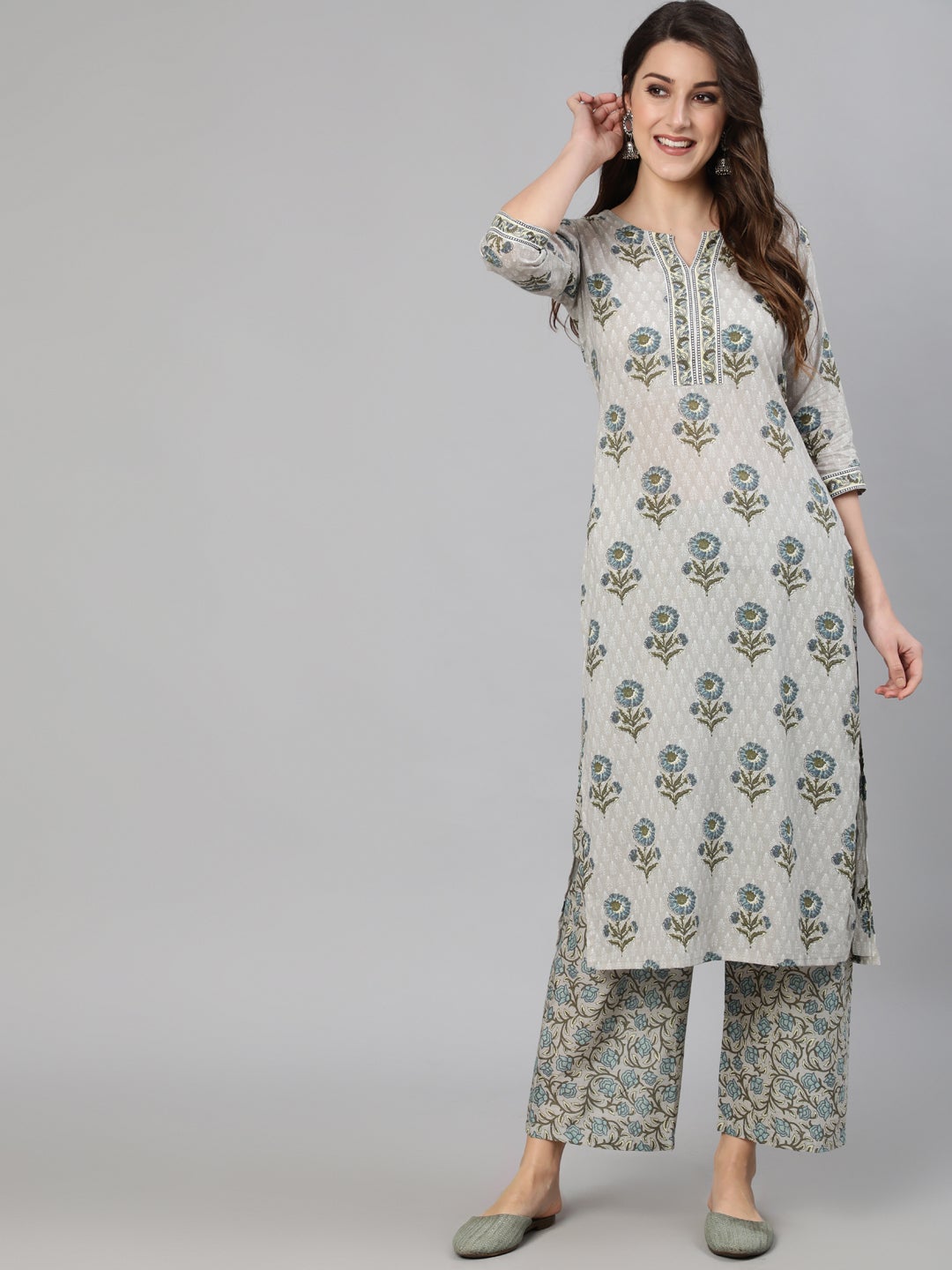 Women Grey Floral Printed  Straight Kurta With One Side Pocket | NOZ2TOZ - Made In INDIA.